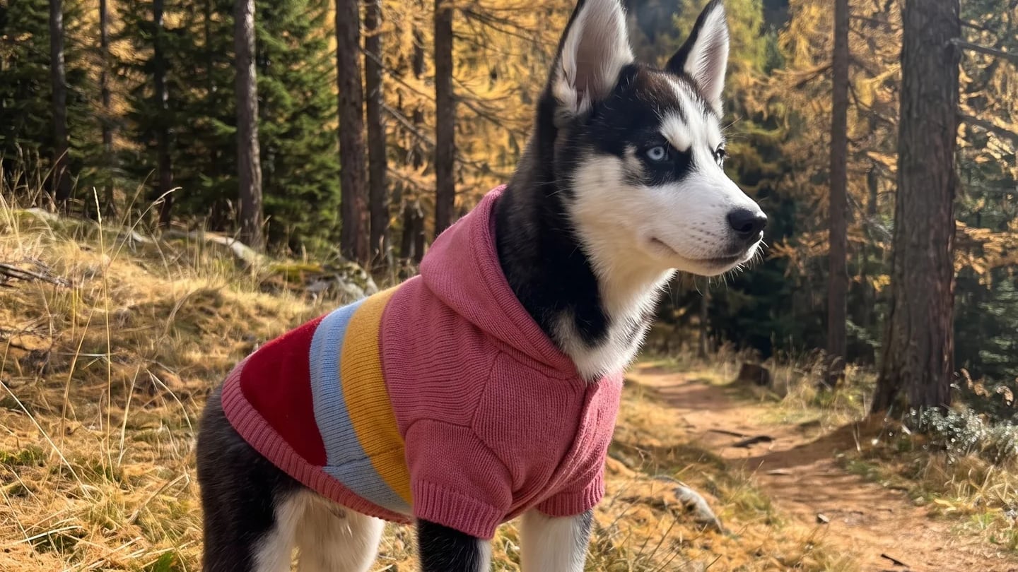 A dog wearing a Cashmere Paw cashmere sweater